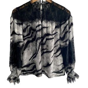 White House Black Market tiger print blouse with intricate lace detail XXS